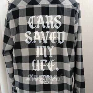 Vasyn Apparel Co. Super Soft Flannel Shirt XL "Cars Saved My Life" buffalo plaid